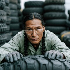 Obraz premium Portrait of tire mechanic in stacked tire workshop for industrial portrait background and promotional banner design