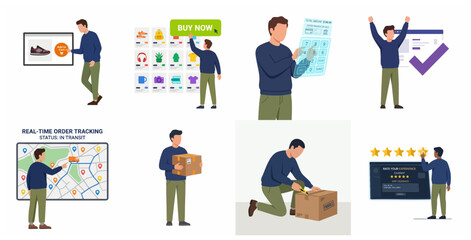 Fototapeta premium Complete Online Shopping Experience and E-commerce Customer Journey Illustration Set from Product Selection to Package Delivery and Rating