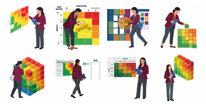 Business woman analyzing risk assessment matrix, managing impact and likelihood for strategic decision making, vector illustration
