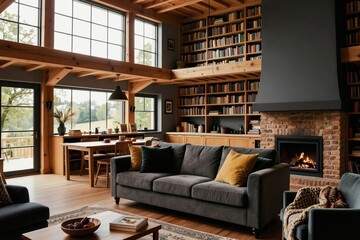 Obraz premium Spacious loft interior with abundant natural light, large windows, exposed wood beams, brick fireplace. Features comfortable gray sofa, dining area, extensive bookshelves filled with numerous books.
