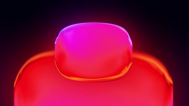 Abstract 3D glass morphic button animation with vibrant liquid gradient moving under metallic surface