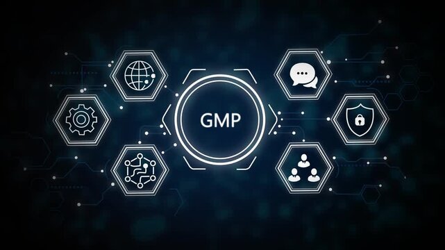 Good manufacturing practice certification quality control on virtual screen. GMP. 4k video animation