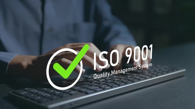 ISO 9001 certification and quality management system. Person typing keyboard with checklist and quality control icons, continuous improvement, regulatory compliance and organizational efficiency.
