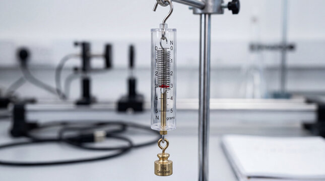 Precisely measuring gravitational pull with a shining brass weight on a spring dynamometer in a modern science laboratory