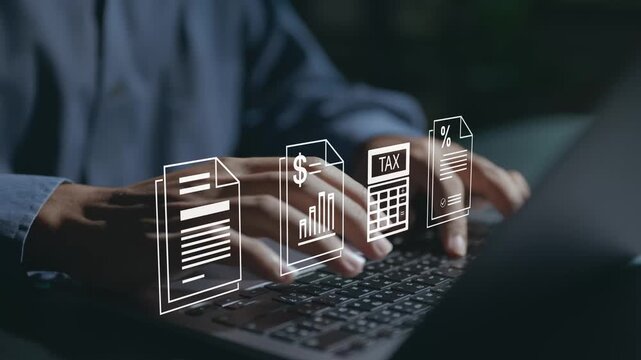 Income payer concept. Person using laptop with payment and financial document icons, salary processing, income distribution and financial transactions.