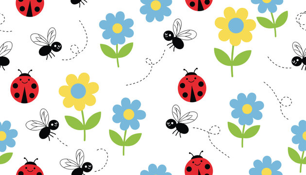Vibrant spring season seamless pattern featuring cute cartoon ladybugs, busy honeybees, and flowers on white.