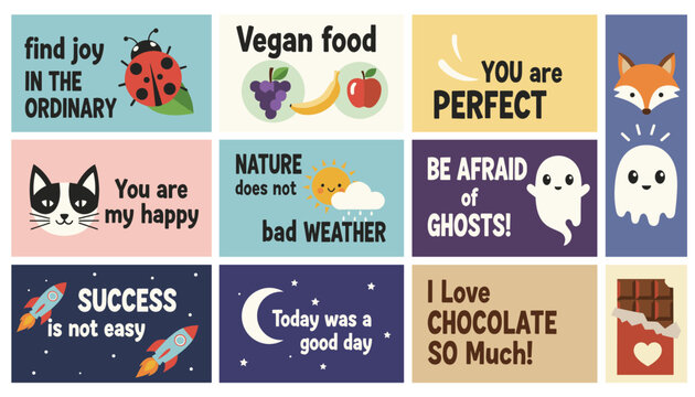 Set of ten colorful positive affirmation cards with inspirational quotes, cute cartoon characters, and designs.