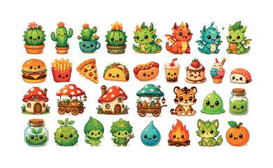 Fototapeta premium Cute fantasy food and nature mascot collection with cactus, dragon, hamburger, mushroom cart and green slime characters, cactus,