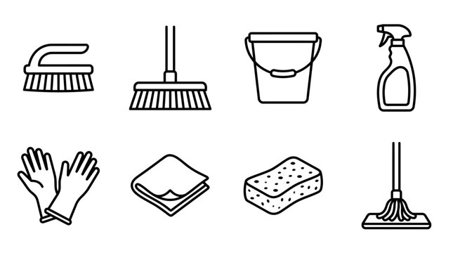 Cleaning Supplies Icons: Mop, Broom, Bucket, Gloves, Sponge, Spray Bottle
