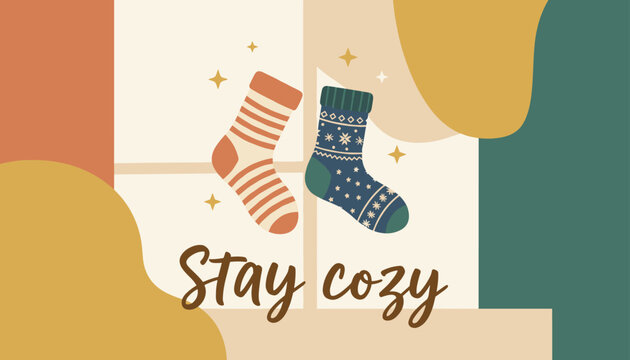 Cozy winter graphic displaying hand drawn warm wool socks and stay cozy quote on trendy earthy abstract background.