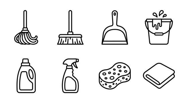 Cleaning Supplies Icons: Mop, Broom, Dustpan, Bucket, Spray, Sponge, Cloth