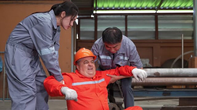 Two factory workers support senior coworker experiencing sudden pain or injury inside an industrial manufacturing plant