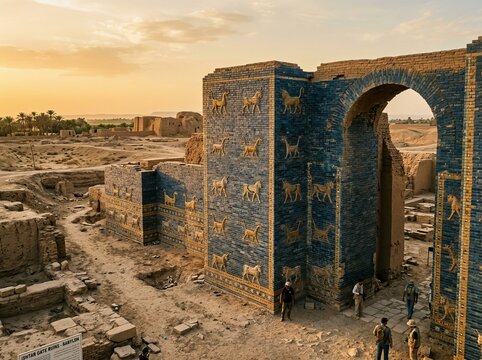Ishtar Gate ruins at sunset, Babylon, Iraq, ancient blue bricks