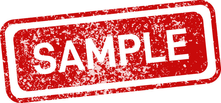 Red distressed rubber stamp with 'sample' text and stars isolated on white background