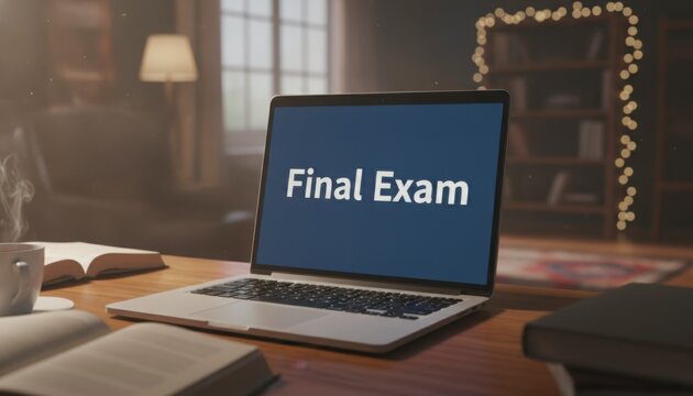 Laptop displaying 'Final Exam' on screen in cozy study room