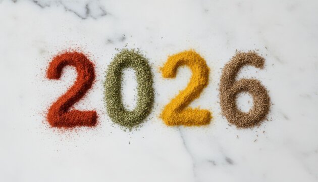 Colorful 2026 made from spices on marble background