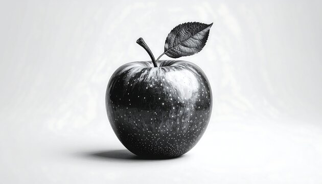 A grayscale image of a shiny apple with a leaf on top