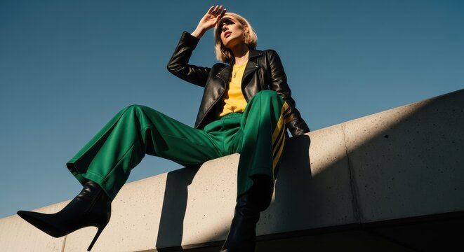 Stylish Young Woman in Leather Jacket and Green Track Pants Sitting on Concrete Ledge Under Blue Sky