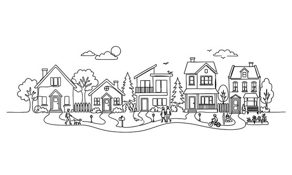 Real Estate one line art design editable Charming suburban neighborhood with families enjoying a peaceful evening isolated on transparent background, Vector