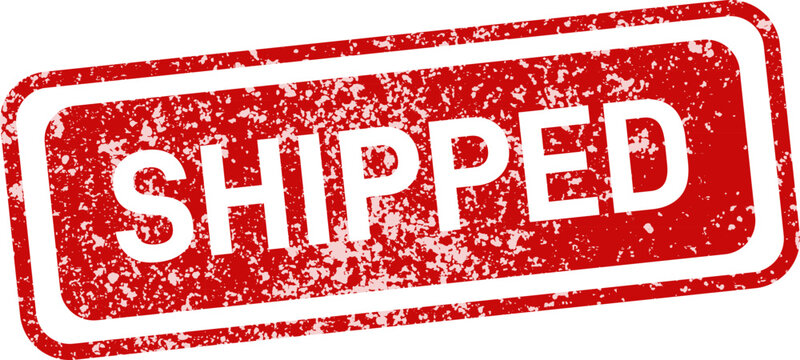 Red 'shipped' stamp with stars order fulfillment confirmation graphic for logistics and e commerce
