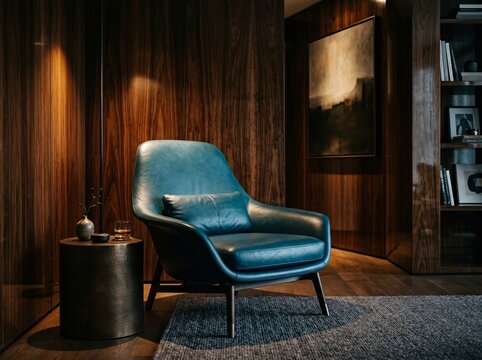 Elegant teal leather armchair with a matching cushion positioned next to a dark metallic side table featuring soft warm ambient lighting inside a sophisticated modern home library with wood paneling.