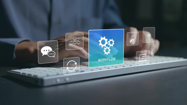 Business workflow automation system concept. Person typing keyboard with process flow and productivity icons, automated operations, task management and workflow optimization.
