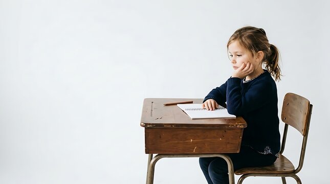 Bored young girl sitting at an old wooden school desk with a notebook and pencil