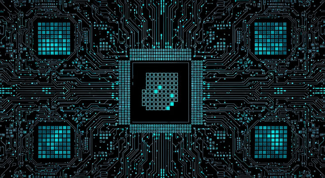 Abstract Digital Circuit Board with Glowing Blue Microchip and Data Flow