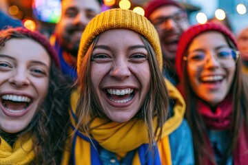 Fototapeta premium Diverse group of football fans celebrating together in a modern sports bar