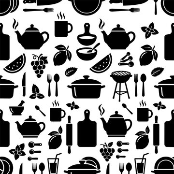 Kitchen cooking and summer bbq seamless pattern with grill pots utensils and fresh food black silhouette background vector illustration