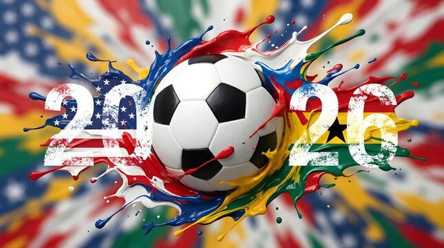 Vibrant soccer ball with paint splatters and flags for 2026 world cup