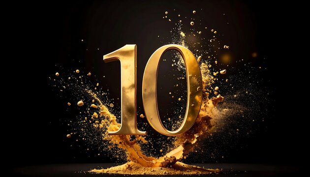 A gold-colored number 10 surrounded by splashes of gold against a black background