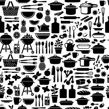 Ultimate kitchen cooking and bbq seamless pattern with pots pans pressure cooker utensils and fresh food black silhouette background vector illustration