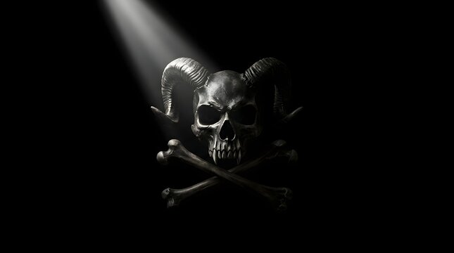 3D demonic horned skull and crossbones illuminated by dramatic spotlight on black background. Dark fantasy horror concept for gaming design.
