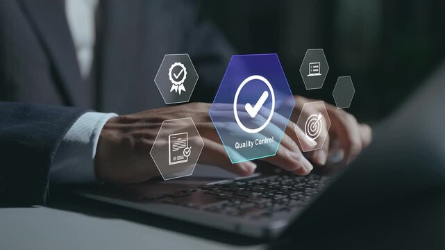 Quality control concept. Person using laptop with quality assurance and inspection icons, process monitoring, performance evaluation and operational excellence.