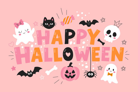 Cute Halloween banner girly pastel pink typography. Spooky happy halloween text ghost with bow pumpkin bat skull spider elements. Festive holiday celebration graphic template vector