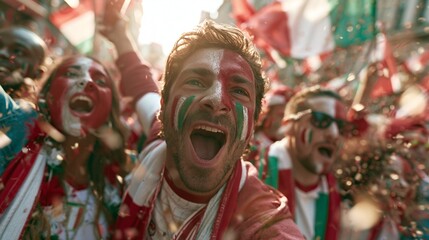 Fototapeta premium A lively crowd of football fans in red, white, and green streetwear cheering on an urban avenue, waving flags and painted faces, festive and energetic, under bright afternoon sunlight, with a wide