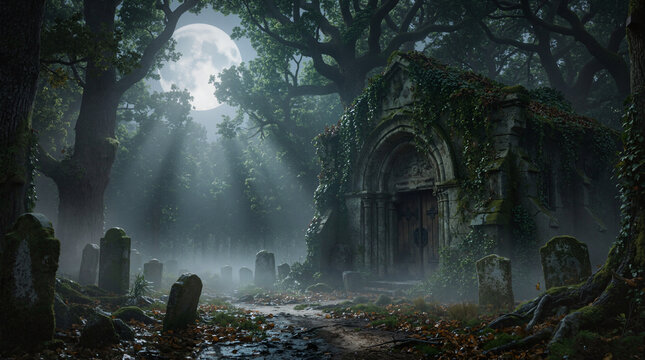 Overgrown forest cemetery with a mossy crypt illuminated by rays of moonlight through trees.
