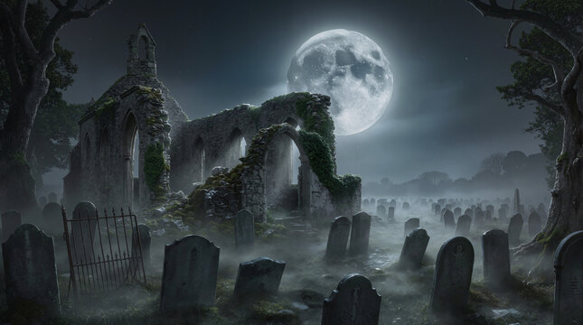 Ruined stone arch in a misty cemetery under a bright moon surrounded by gravestones.
