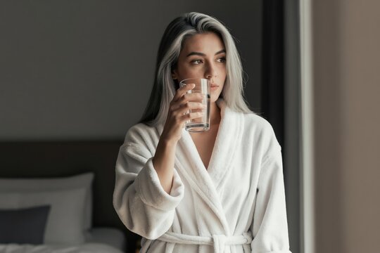 Woman in white robe drinks water near window. Mature female relaxes indoors after bath or spa treatment. Healthy hydration lifestyle choice for well being.