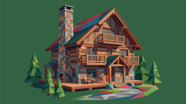 Low poly wooden cabin with stone chimney and pine trees