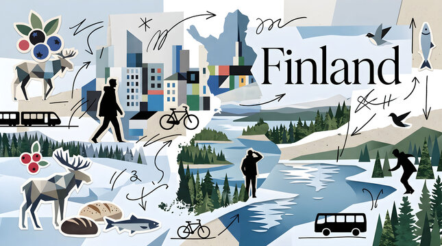Finland travel collage vector illustration with landmarks and nature