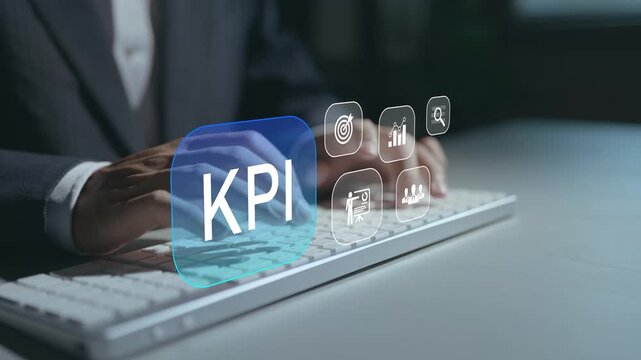KPI key performance indicator concept. Person typing keyboard with analytics and performance tracking icons, business metrics, goal measurement and data driven decision making.