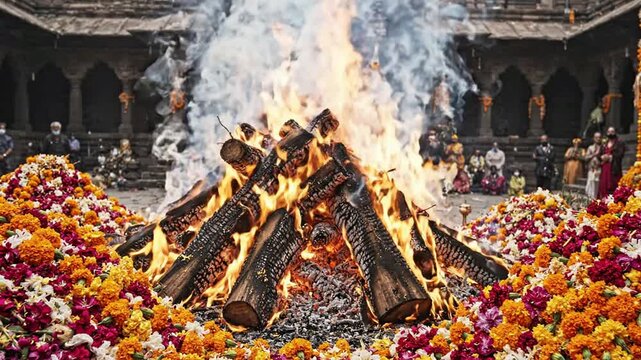 Traditional hindu cremation funeral pyre with vibrant marigold flowers in ancient temple courtyard ritual
