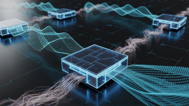 Futuristic microchip on circuit board with glowing data flow and digital network background
