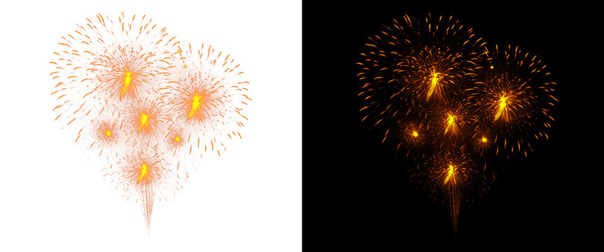 Golden heart shaped fireworks isolated on white and black background, romantic firework display for wedding celebration, glowing orange pyrotechnics