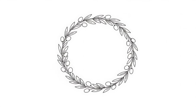 Minimalist line art botanical leaf wreath circle frame on white background, elegant foliage border, generative AI