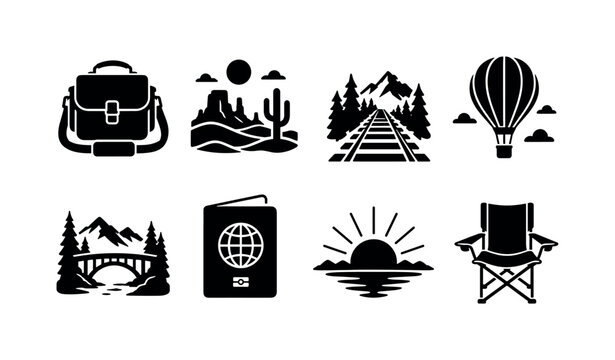 Adventure Photo Journey. Filled icon set of Adventure Photo Journey: camera bag, desert landscape, railway track, hot air balloon, scenic bridge, passport, sunrise icon, outdoor chair. Solid icons