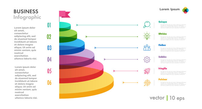 Infographic pyramid 6 option 3d isometric glassmorphism circle for business strategy, start up project, presentation, logic analysis, theory basic operation vector