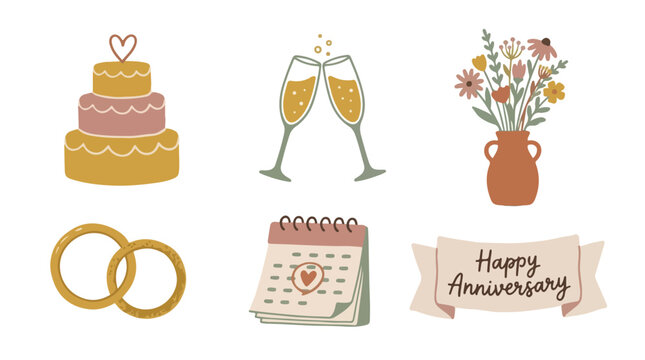 hand-drawn style wedding and anniversary vector icons, including a tiered cake, clinking champagne flutes, a floral bouquet, interlocking gold rings, a heart calendar, and a "Happy Anniversary" banner